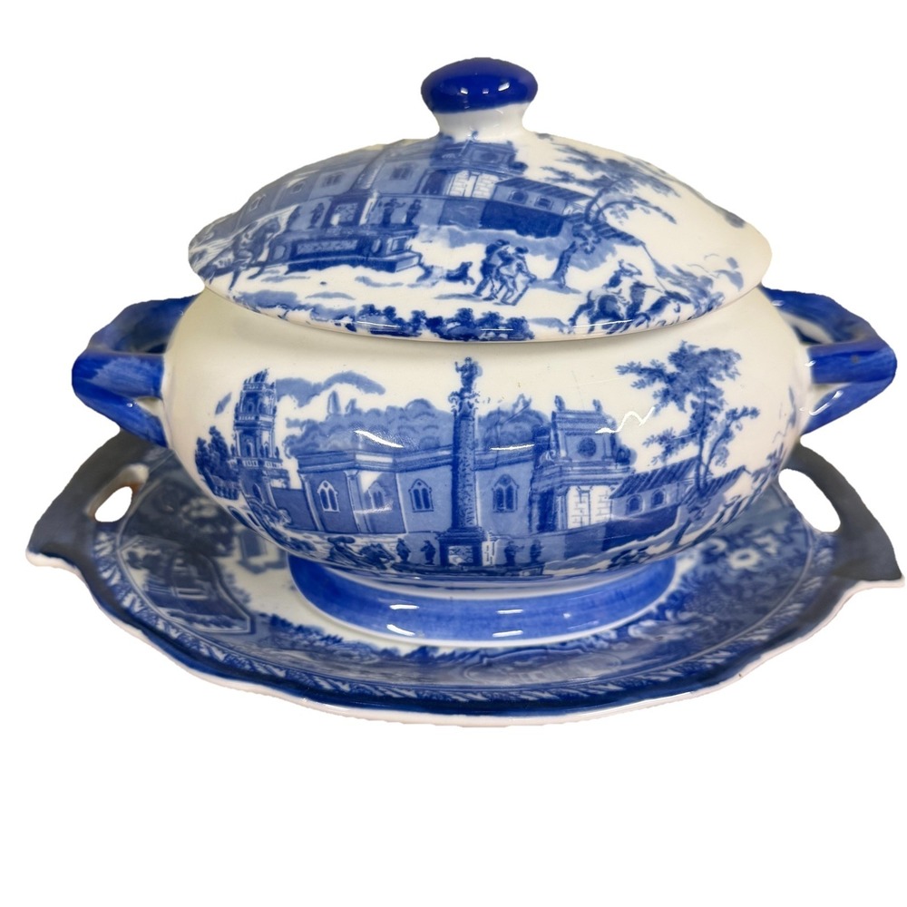 Victoria Ware Ironstone Lidded Tureen With Under Tray Flow Blue Village Scenes